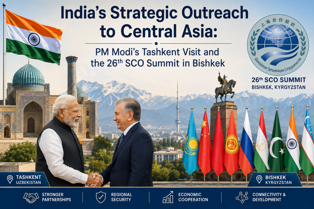Prime Minister Narendra Modi in Tashkent for bilateral talks and Bishkek for the SCO Summit, representing India’s Central Asia foreign policy.