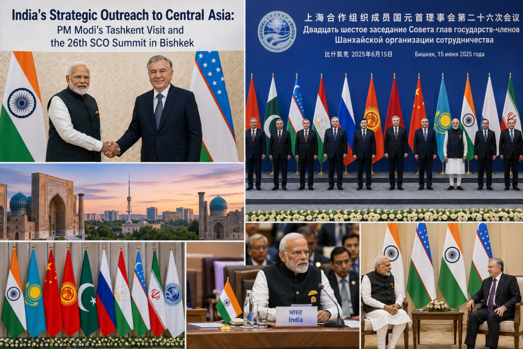 A photo collage showing Prime Minister Narendra Modi in Uzbekistan for bilateral talks and Kyrgyzstan for the SCO Summit, highlighting India’s Central Asia foreign policy.